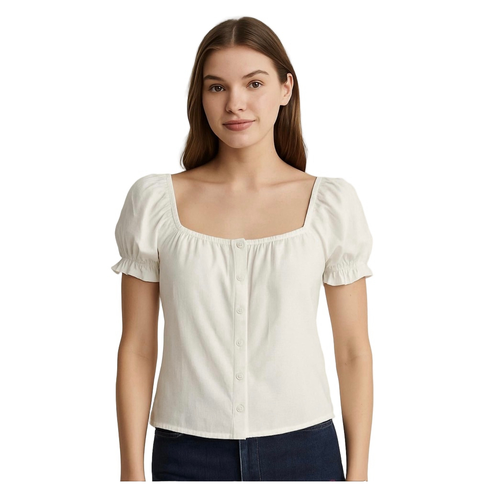 ABOUND cotton linen blend puff sleeves button down top blouse square neck Sz XL